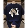 Men's Summer 100 Cotton Fashionable Casual Loose Large Size 3D Cat Pattern Printed Sports Round Neck Short Sleeve T-shirt Top