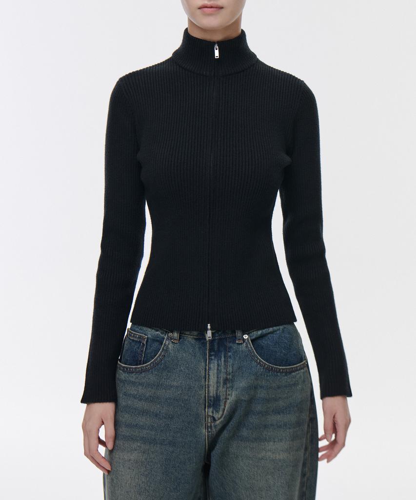 MUSINSA STANDARD WOMAN Ribbed Slim Knit Zip-Up [Black]