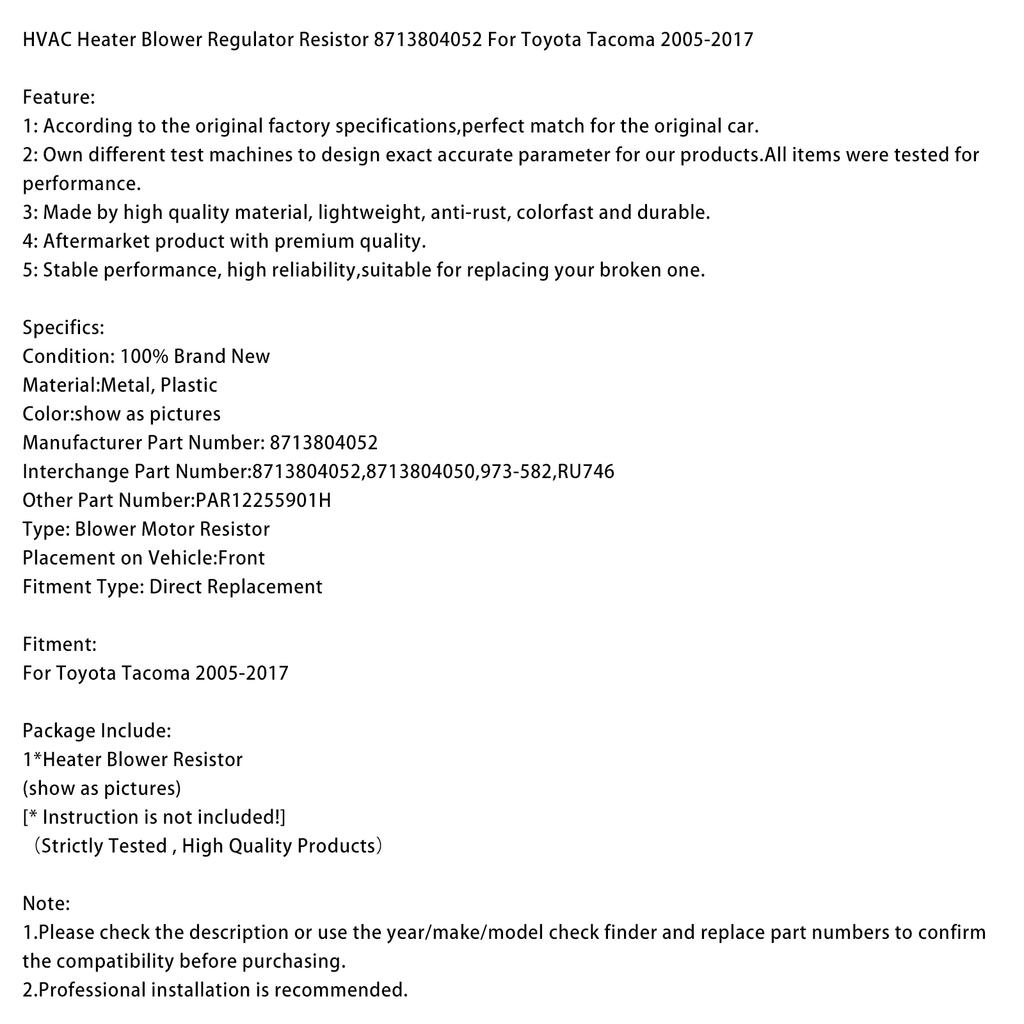Резистор регулятора вентилятора отопителя HVAC 8713804052 для Toyota Tacoma 2005-2017