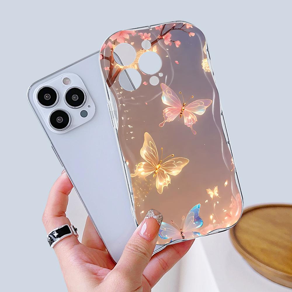 Для iPhone 16 15 14 13 12 Pro Max Samsung S24 Ultra S23 S22 Plus Redmi Note 13 Pro чехол с рисунком в виде цветов и бабочек и мягким волнистым краем