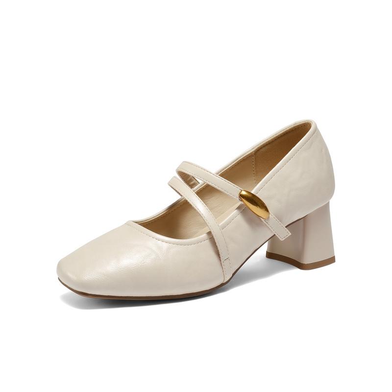 Senda Mary Zhen Women's Autumn New Shopping Mall Same Small Gold Bean Coarse Heel Leather Shoes XUM01CQ5