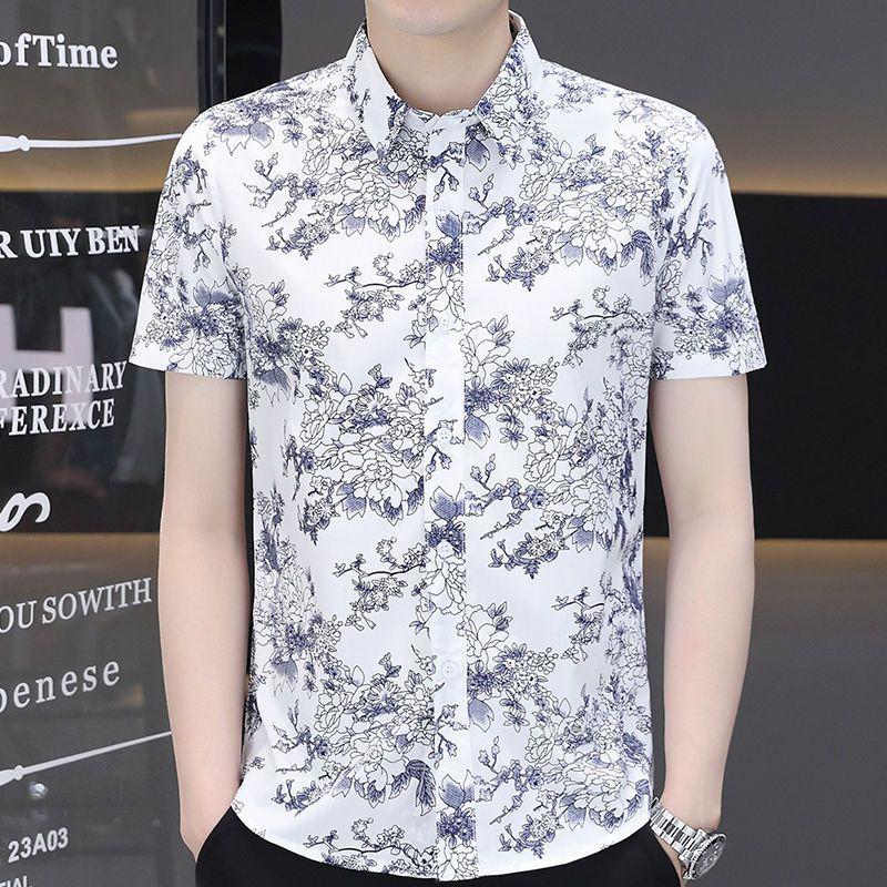 Printed Short-sleeved Shirt Men's Summer Trend Handsome Ice Silk Shirt Casual Handsome Summer Fashion Men's Inch Clothes