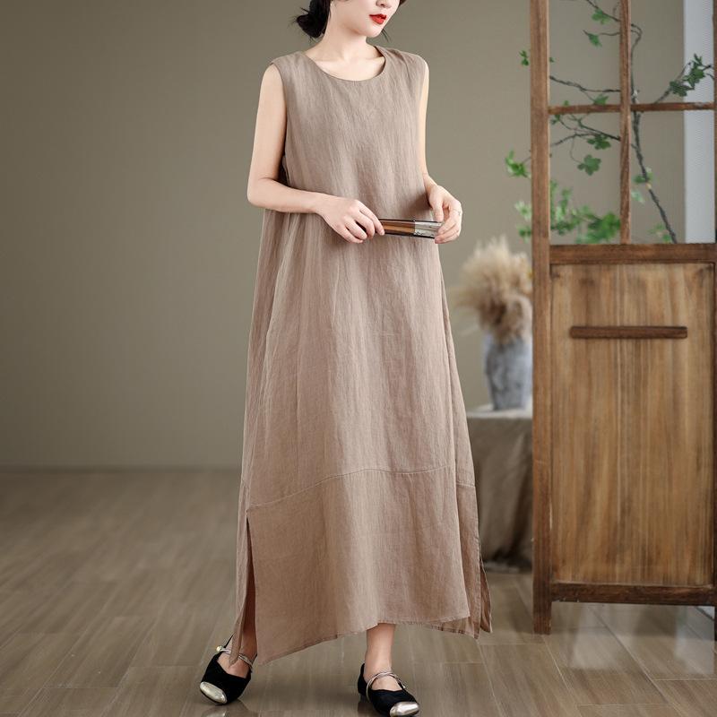 Summer New Loose A-shaped Big Swing Vest Skirt Women's Versatile Round Neck Sleeveless Solid Color Cotton and Linen Dress