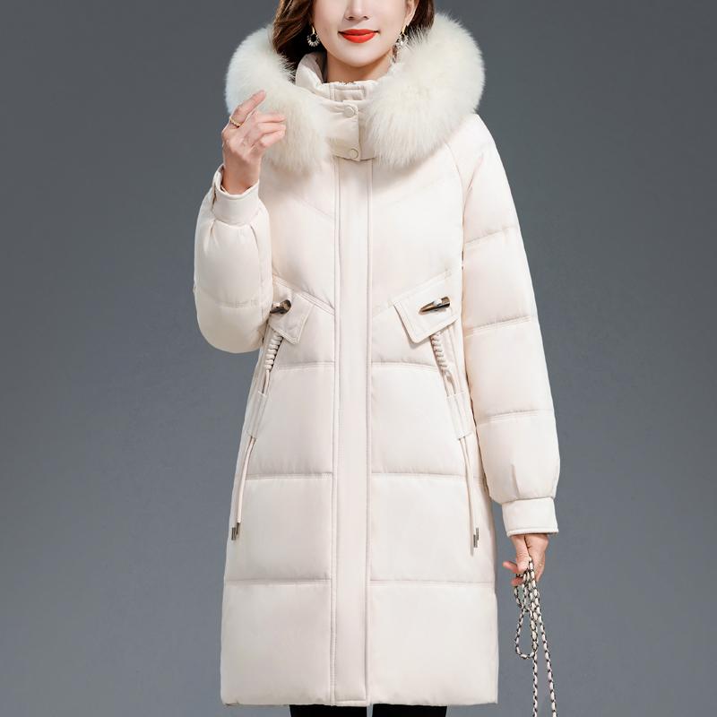 Middle Age Woman Winter Long Coats Hooded Faux Fur Collar Casual Thick Warm Parkas Women's Jackets