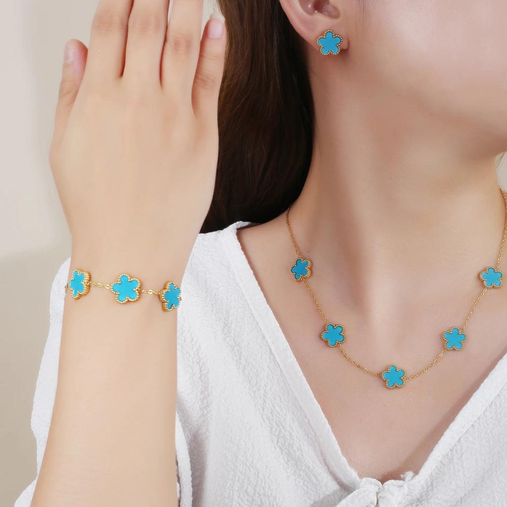 Hot Sale 3Pcs Stainless Steel 18k Gold-Plated Five-Leaf Flower Necklace Earrings Bracelet Zircon Set For Woman Zircon Clover