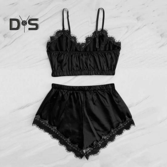 Женский пижамный комплект из 2 предметов, кружевная отделка, V-образный вырез, укороченный топ на бретельках, эластичный пояс, шорты, повседневный комплект без рукавов, домашний комплект