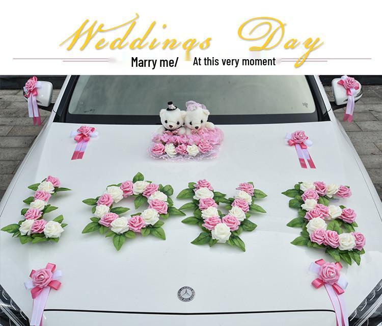 Heart-Shaped Bear Wedding Car Decoration Set - Simulated Flower Arrangement