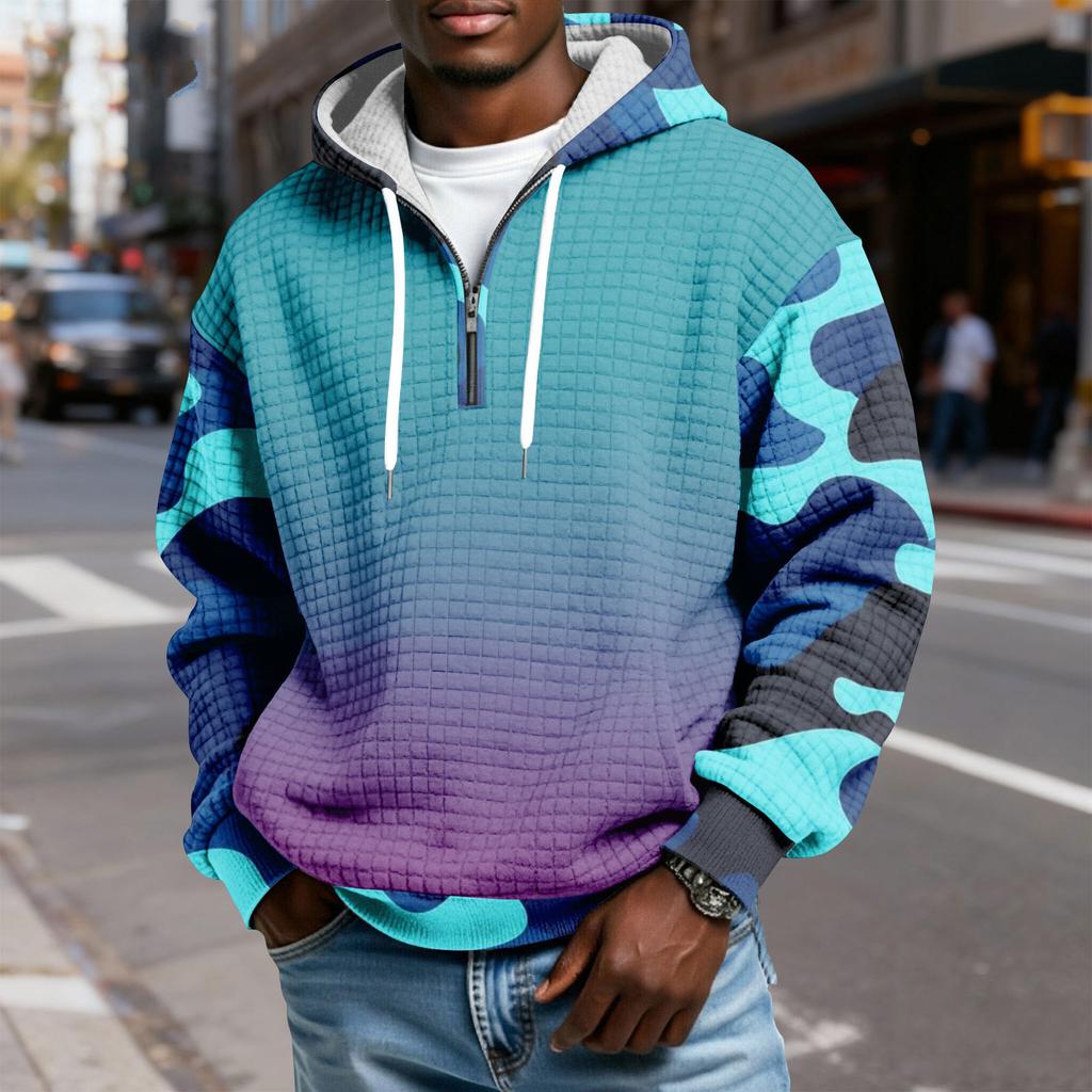 Мужской худи-пуловер в клетку с капюшоном на молнии до середины, со шнурком и принтом, повседневная спортивная толстовка