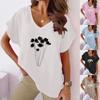 Лето 2023 г., женская повседневная хлопковая конопляная футболка с v-образным вырезом и цветочным принтом «летучая мышь» и короткими рукавами