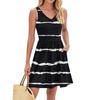 Women's Summer Fashion Casual V-neck Pleated Patchwork Striped Print Sleeveless Pocket Vest Dress