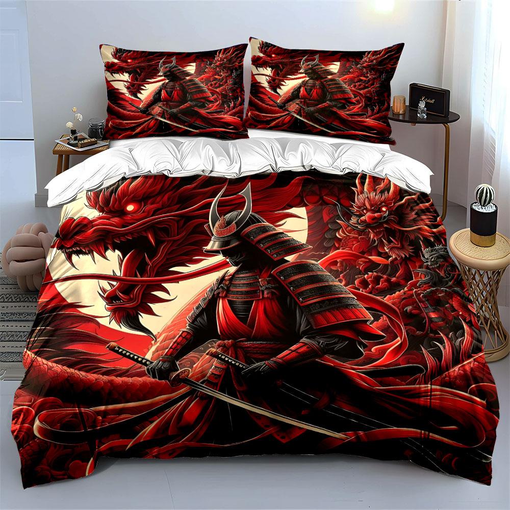 Samurai and Red Dragon Battle Bedding Duvet Cover Set (1*Duvet Cover 2*Pillowcases, Without Duvet Insert)