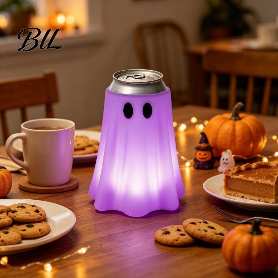 Drink Can Insulation Protector 3D Printed Halloween Ghost Holder, Glow?in?the?Dark Soda Beverage Non Slip Cup Cover, Cute Tabletop Decor