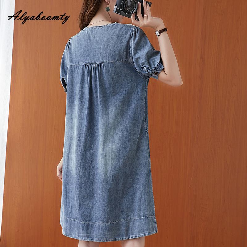 Korean Style Summer Women Blue Denim Dress V Neck Lace Patchwork Casual Loose Dress Short Sleeve Thin Blue Denim Dresses