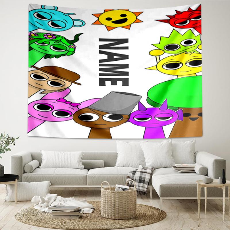 Custom Name Sprunki Print Tapestry, Backdrop, Easy Setup, Ideal for Bedroom, Office & Living Room, with Aesthetic Wall Hanging Decor.