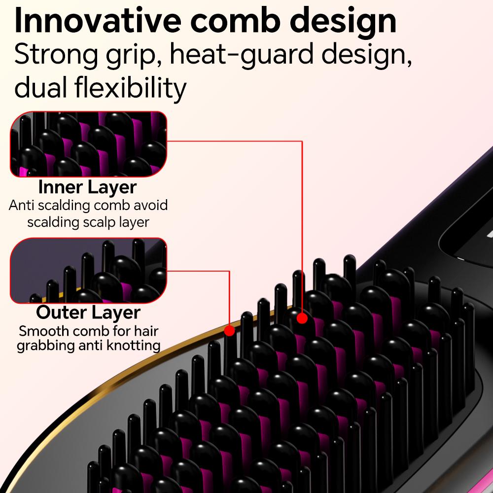Cordless Rechargeable Hair Straightener Brush, Negative Ions Hair Straightener Comb with 3 Temp Settings, Fast Heating & Display