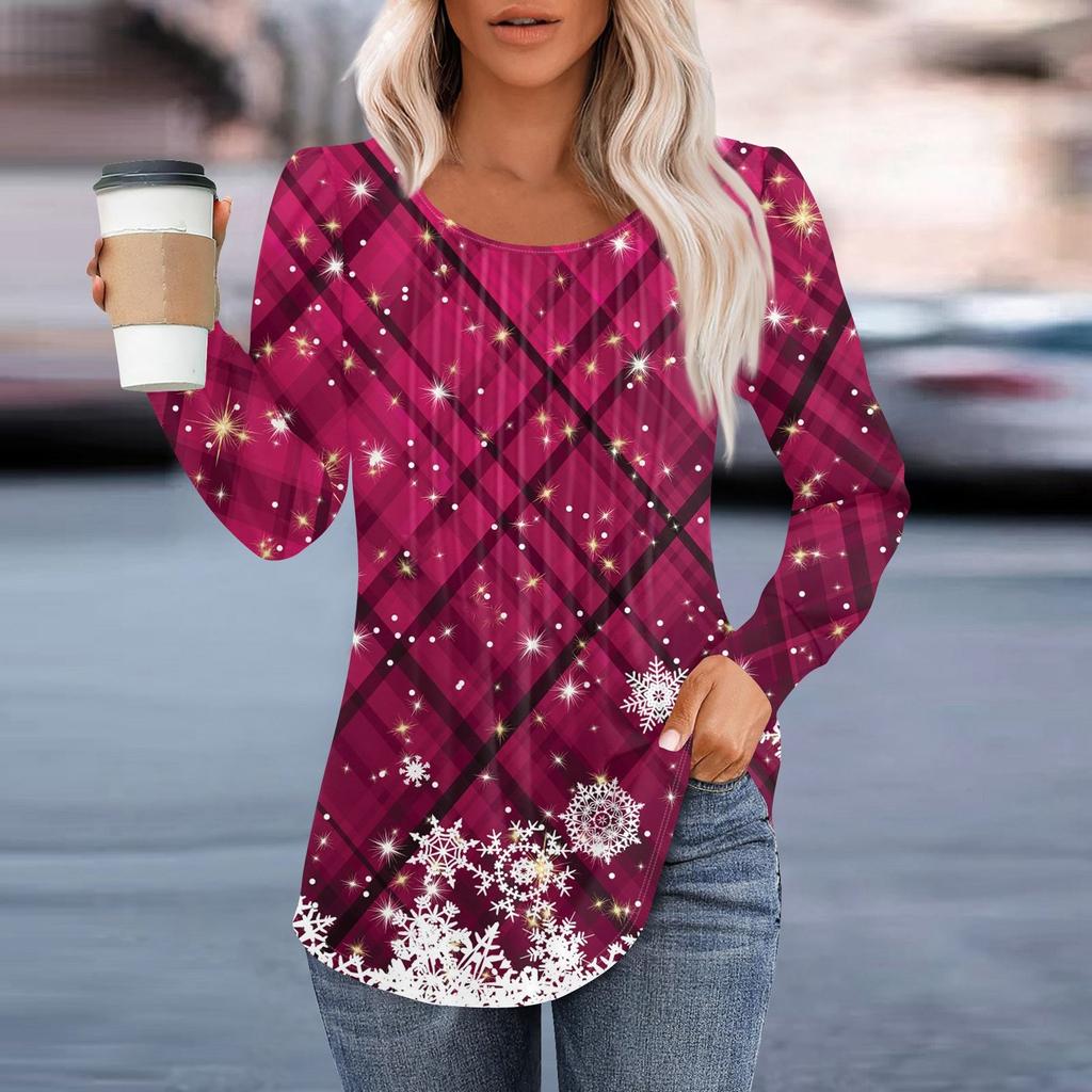 Женская повседневная и модная принтованная футболка с круглым вырезом и длинными рукавами, плиссированная футболка на Рождество