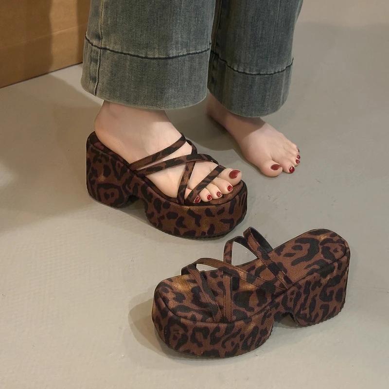 Fashion Platform Slippers for Women Open Toe Wedges Sandals Narrow Band Slide Shoes for Women Leopard Print Sandalias De Mujer