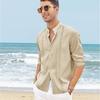 Cotton Linen Shirt Stand Up Collar Men's Shirt Casual Buttons Summer Beach Vacation Tops Grey Black White Khaki Shirts