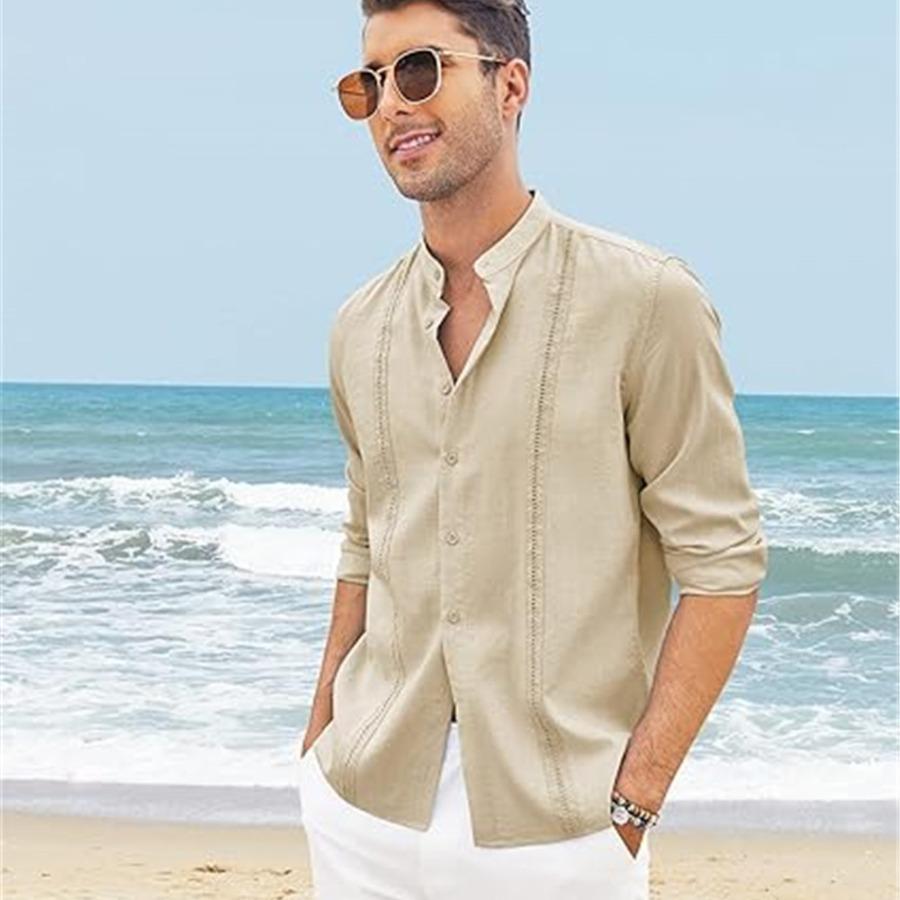 Cotton Linen Shirt Stand Up Collar Men's Shirt Casual Buttons Summer Beach Vacation Tops Grey Black White Khaki Shirts
