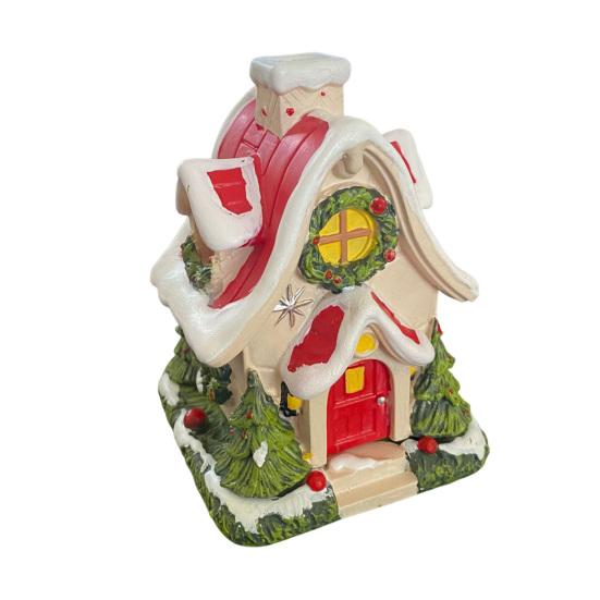 Мини Рождественский Домик Фигурка Маленькая Полимерная Снежная Деревенская Статуэтка Домика с Венком и Соснами
