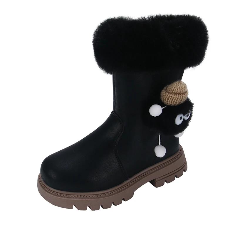 Модные ботинки для девочек 2024 Осень Зима Теплый Мех Толстый Плюшевый Пушистый Волосатый Шарик Милый Мультяшный Детские Термоботинки До середины икры Молния