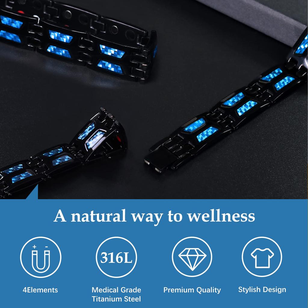 Magnetic Therapy Bracelets for Men Unique Blue Carbon Fiber Titanium Steel Materials Magnetic Bracelet for Men Black with 4 Element Magnets