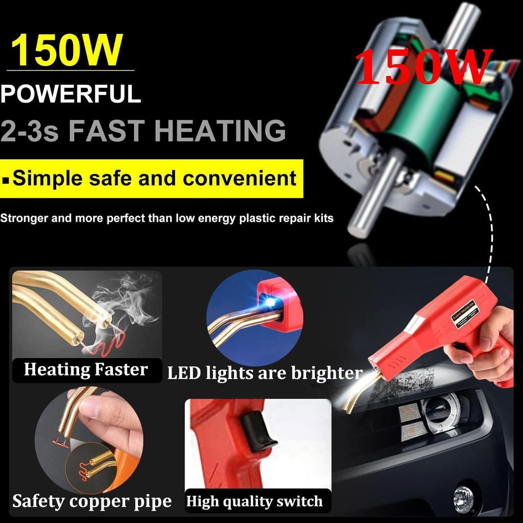 Набор пластикового сварочного аппарата 150 Вт с 400 горячими скобами и 50 стержнями, Набор инструментов для ремонта бампера автомобиля с ножом и плоскогубцами (красный)