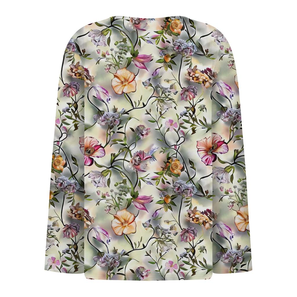 Жен. Футболка Футболка Пуговицы Цветочный принт Длинный рукав Повседневные Выходные Мода Классический Классический V-образный вырез Обычный Топ