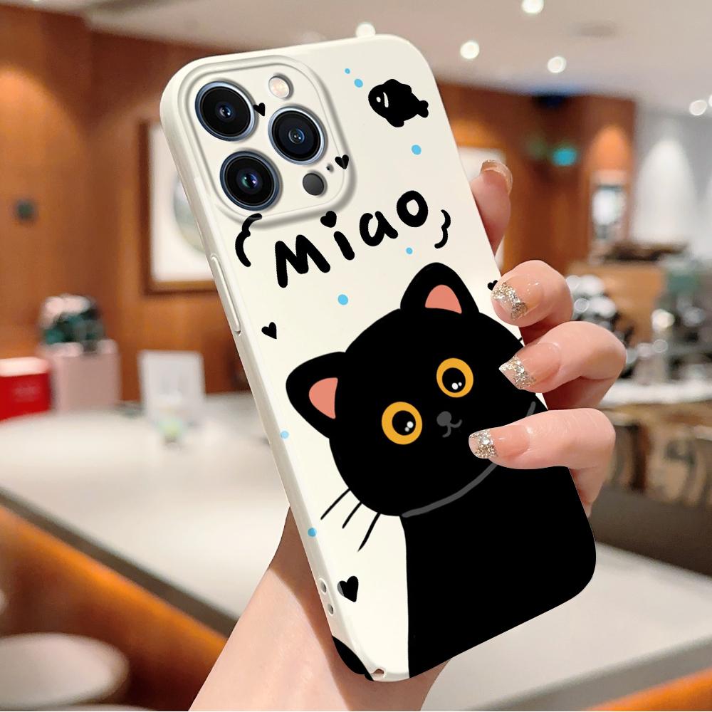 Для iPhone 16 15 Samsung S23 S22 A13 A23 A52 A33 Huawei Honor Xiaomi Redmi OPPO Vivo Полный защитный объектив мультяшный милый черный кот серии жесткий чехол для телефона