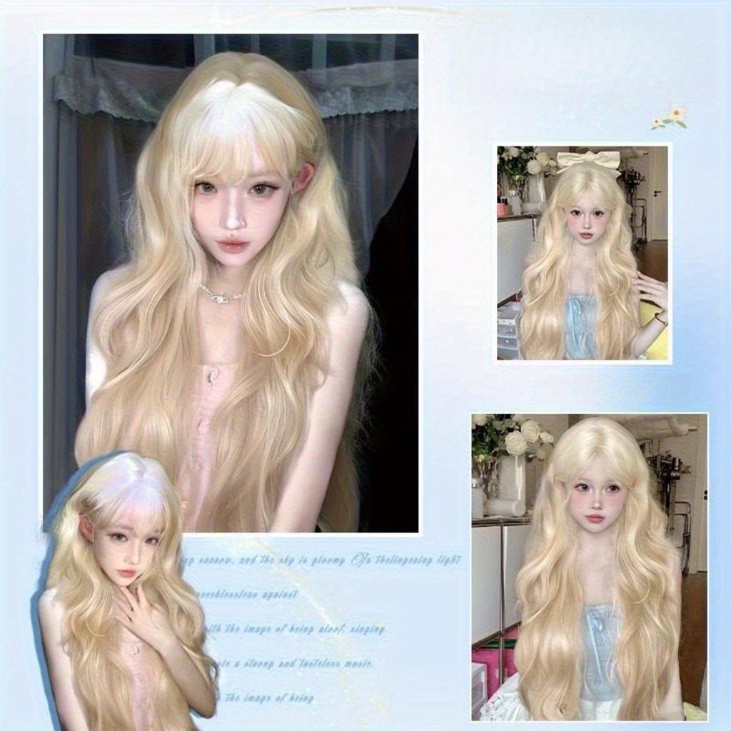 Парик из синтетических длинных кудрявых волос белого золота для женщин с пушистой челкой большой волной, высококачественный аккуратный парик для косплея в стиле Лолиты