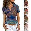 Women Shirt Ethnic Print Zipper Summer All Match Slim-fitting T-shirt Blouse for Travel
