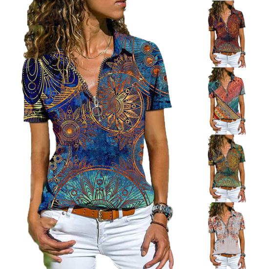Women Shirt Ethnic Print Zipper Summer All Match Slim-fitting T-shirt Blouse for Travel
