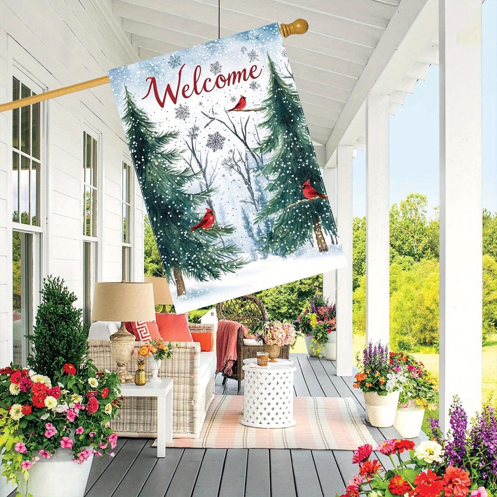 1Pcs Polyester Welcome Garden Flag - Double-Sided, No Electricity Needed - Winter Pine Tree, Snowy Forest & Red Cardinal Design for Courtyard, Lawn, a