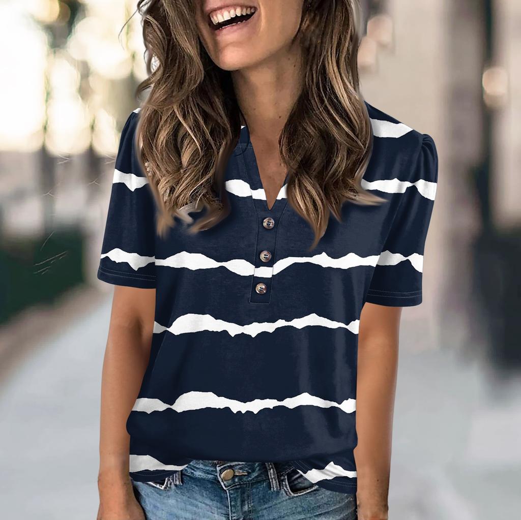 Женская модная повседневная футболка с полосатым принтом и V-образным вырезом, коротким рукавом, на пуговицах