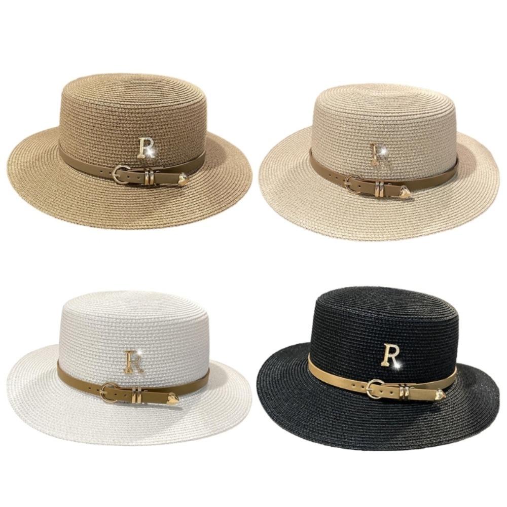 Sunscreen Letter Buckle Straw Hat Vintage Sunshade Metal R Beach Cap Leisure Anti-UV Women Lady Girl Church Hats Spring Summer