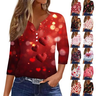 Женский повседневный универсальный топ с V-образным вырезом и рукавом три четверти на пуговицах с принтом ко Дню святого Валентина