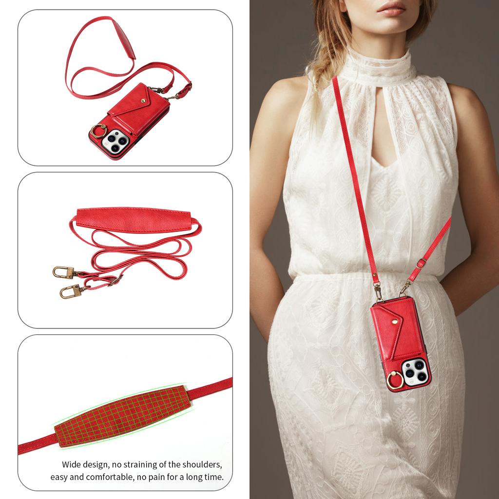 Для iPhone 16 серии. Для iPhone 16, 16 Plus, 16 Pro, 16 Pro Max плечевой ремень веревка кольцо кронштейн дизайн держатель для карт слоты личи узор чехол для телефона