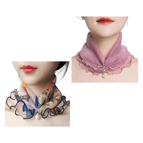 2Pcs Women Faux Silk Scarf Printing Faux Pearl Decor Lace Trim Lightweight Scarf Hand Strap Accessory
