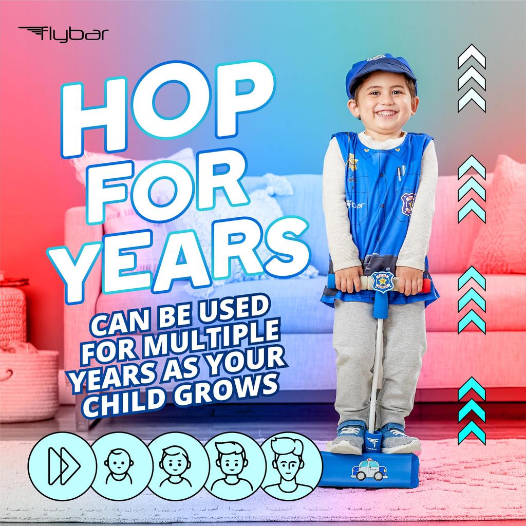 Flybar Pogo Hopper Pretender Pogo Hopper with Real Siren Sound and Flashing Lights. Suitable for indoor and outdoor use. Ages 3 and up. (Police