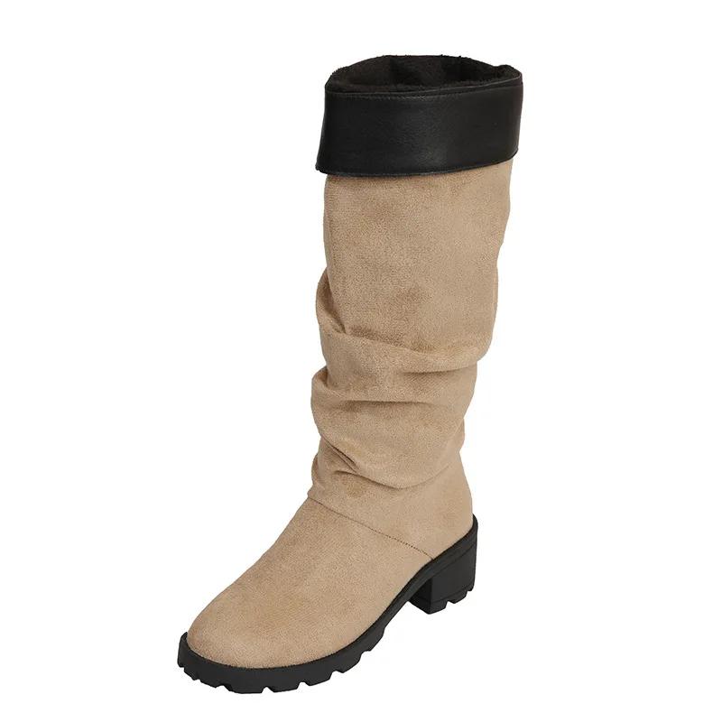 Женские сапоги 2024 года, зимние новые, с круглым носком, размер 43, модные, замшевые, модные, длинные, нескользящие, кожаные сапоги, Botas Mujer