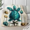 One Piece of a Lightweight Flannel Throw Featuring a Blue Sea Turtle Starfish And Seashells On a Map Design Perfect for Use On a S