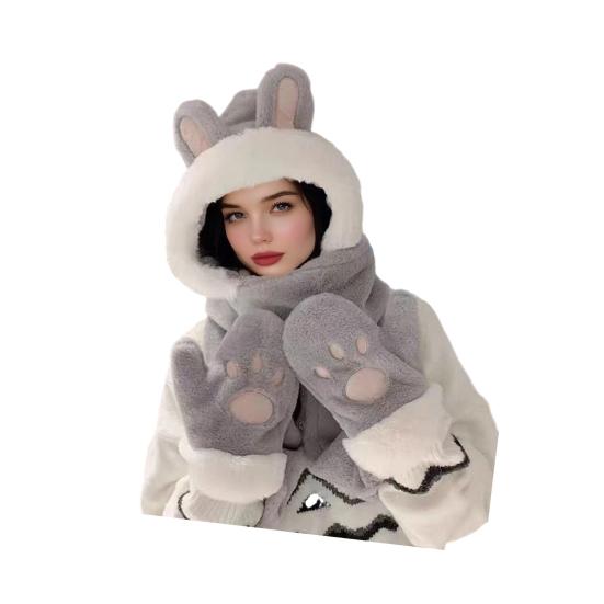 Women Hat Rabbit Ear Decor Thickened Warm 3 In 1 Hat Scarf Gloves Hiking Outings Shopping Winter Headwear