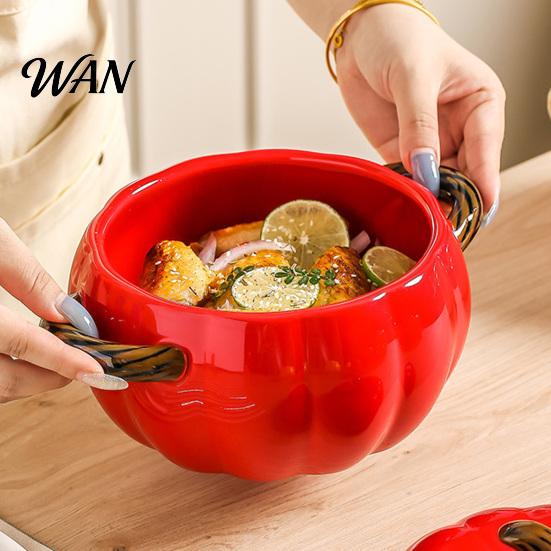 Handled Soup Bowl with Lid Pumpkin And Double Handle, Microwave Safe Decorative Practical Kitchen Gift for Home Ceramic Bowl, Heat Resistant Pot Stews
