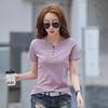 This Summer's New Pure Cotton Women's V-neck Button-down Elastic Slimming Short-sleeved T-shirt Is A Casual and Versatile Half-sleeved Top