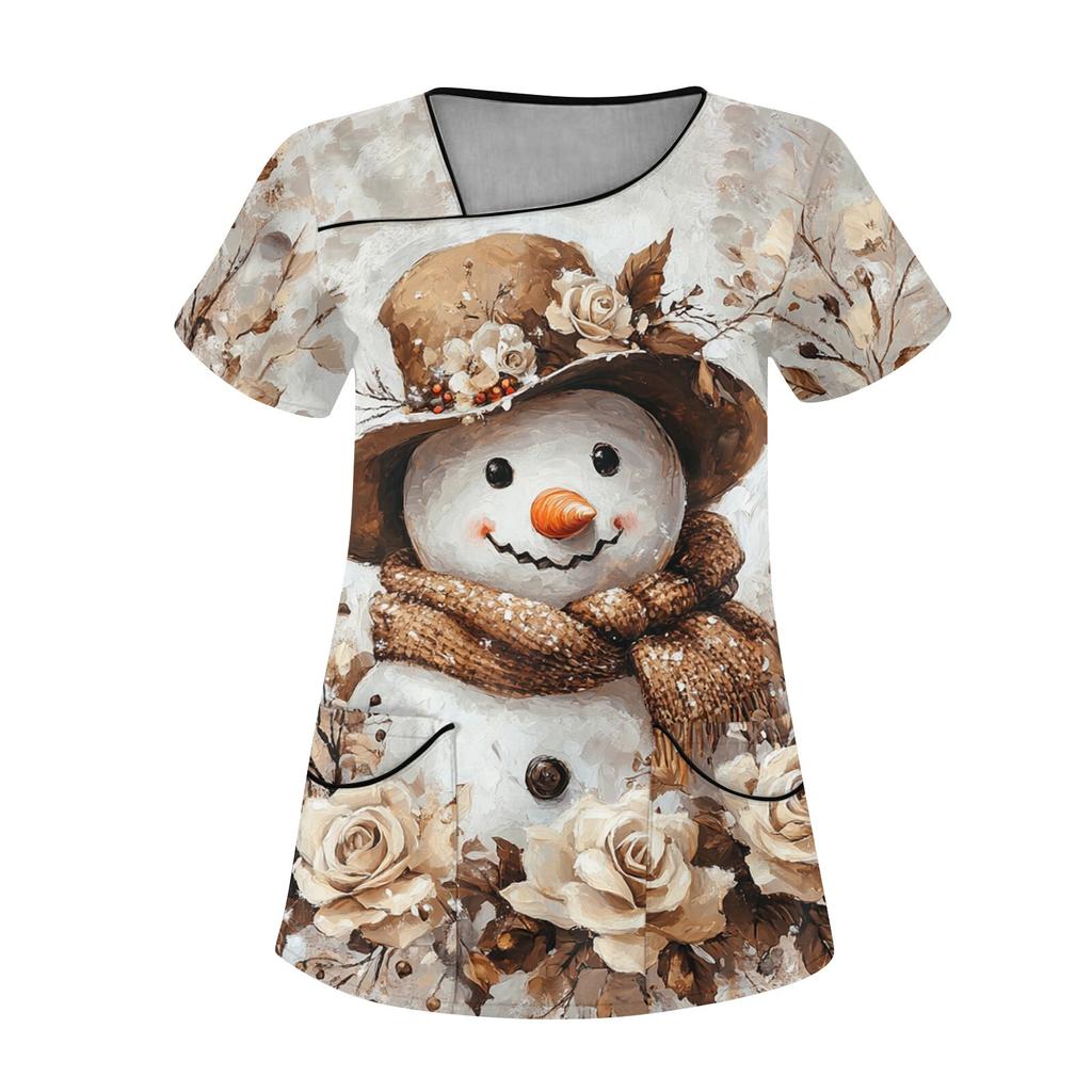 Женская рабочая одежда с рождественским принтом, покатый воротник и двухслойные карманы, базовый пуловер сверху