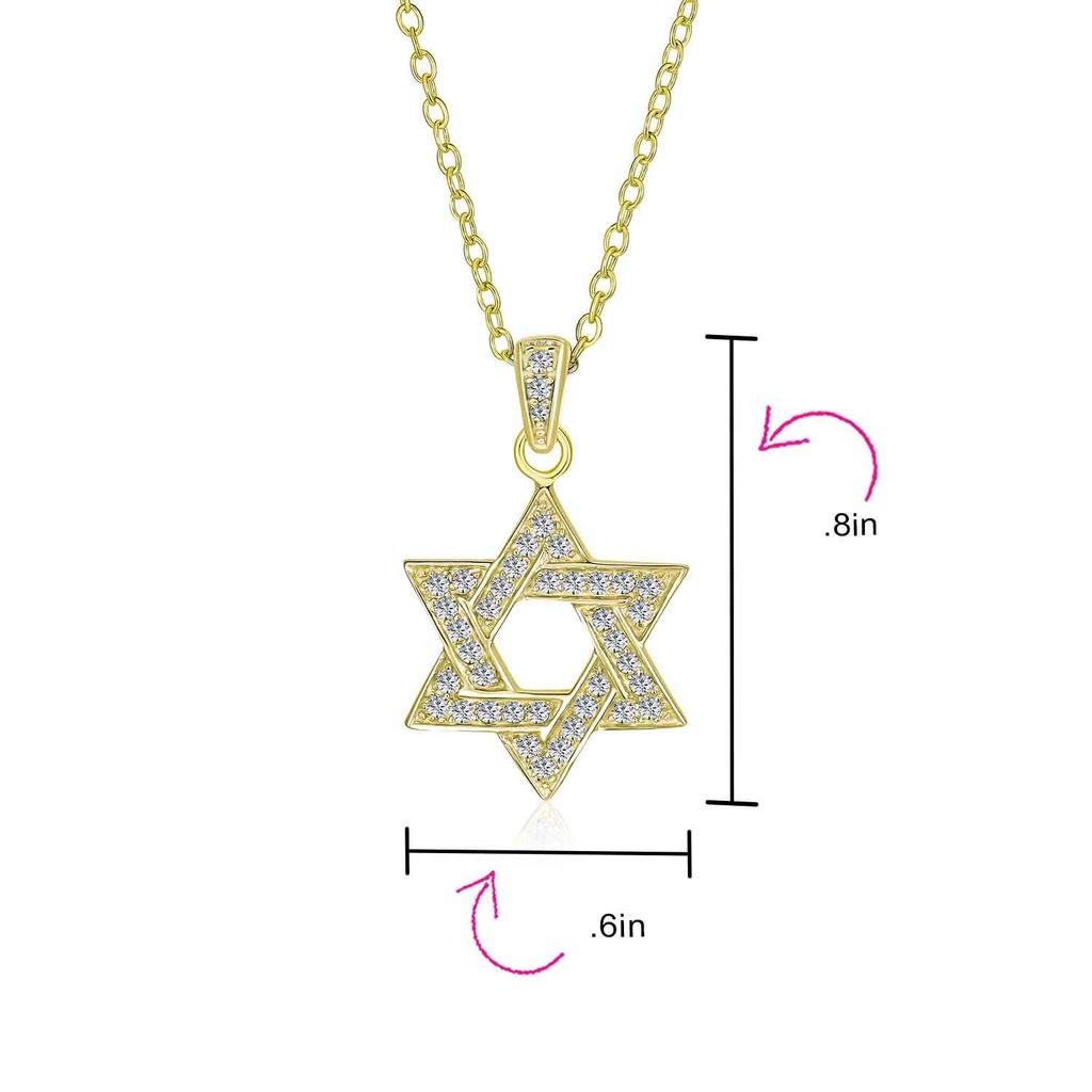 Traditional Hanukkah Star of David Pendant CZ 14K Gold Plated Sterling Bat Mitzvah for Women Teens Necklace Accent, & Silver, &
