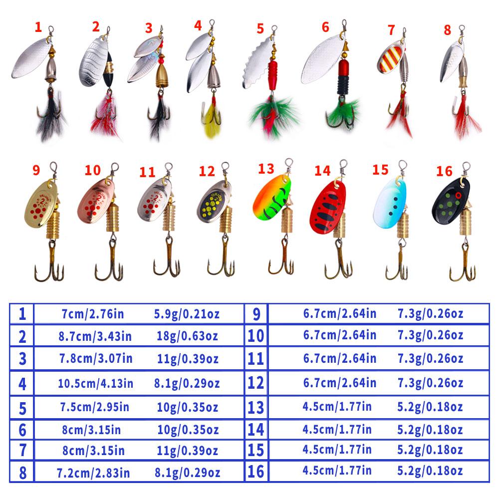 16PCS Rotate Spinnerbait Metal Spoon Spinner Fishing Lure Hard Bait With Feather Treble Hooks with Bag Spinnerbait Tackle