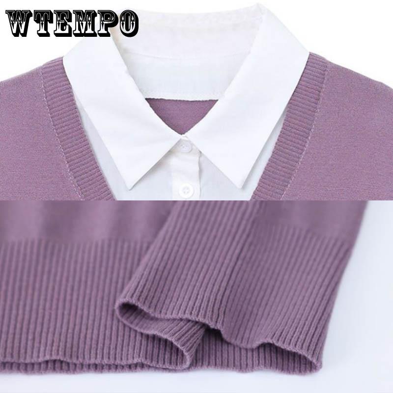 Женский искусственный свитер из двух частей, осенне-зимний корейский вариант, универсальная вязаная нижняя рубашка, пуловер, вязаный топ с лацканами