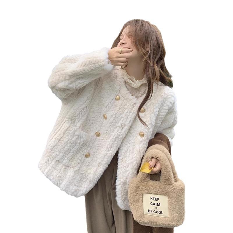 Lamb Wool Coat Women's Winter Small Fragrant Style Loose Thickened Plush White Fur Top Cotton Coat