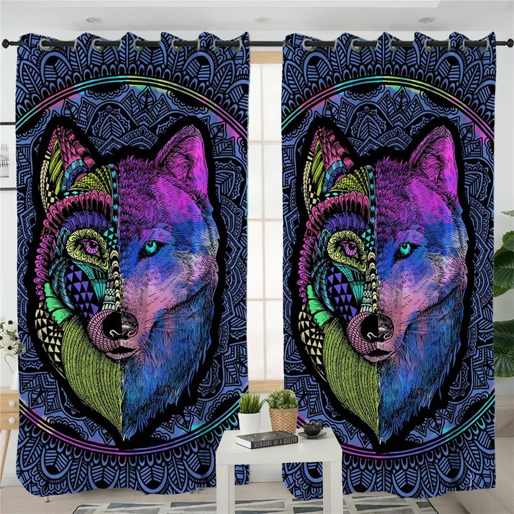 Шторы с изображением тотема в виде животного волка, черно-белые шторы с изображением волка, 2 панели, детская комната, гостиная, спальня, балкон, кабинет, декор